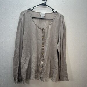 Soft Surroundings Size M Gauze Top Tan Long Sleeve Frayed Minimalist Coastal